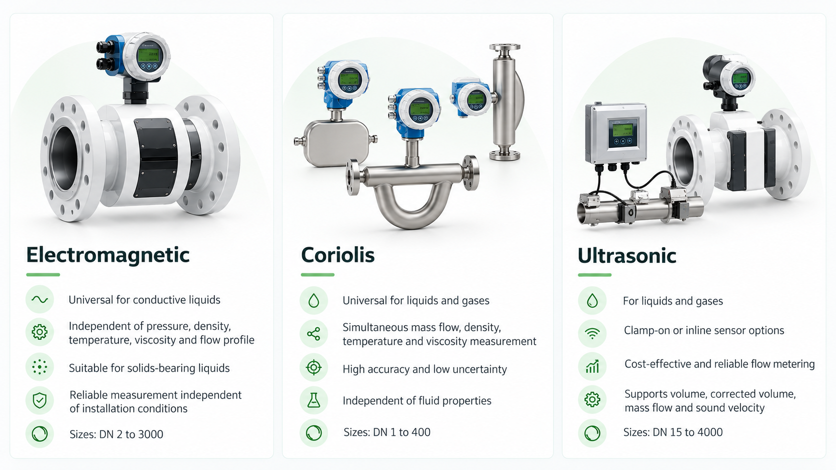 Electromagnetic Coriolis and ultrasonic flowmeters